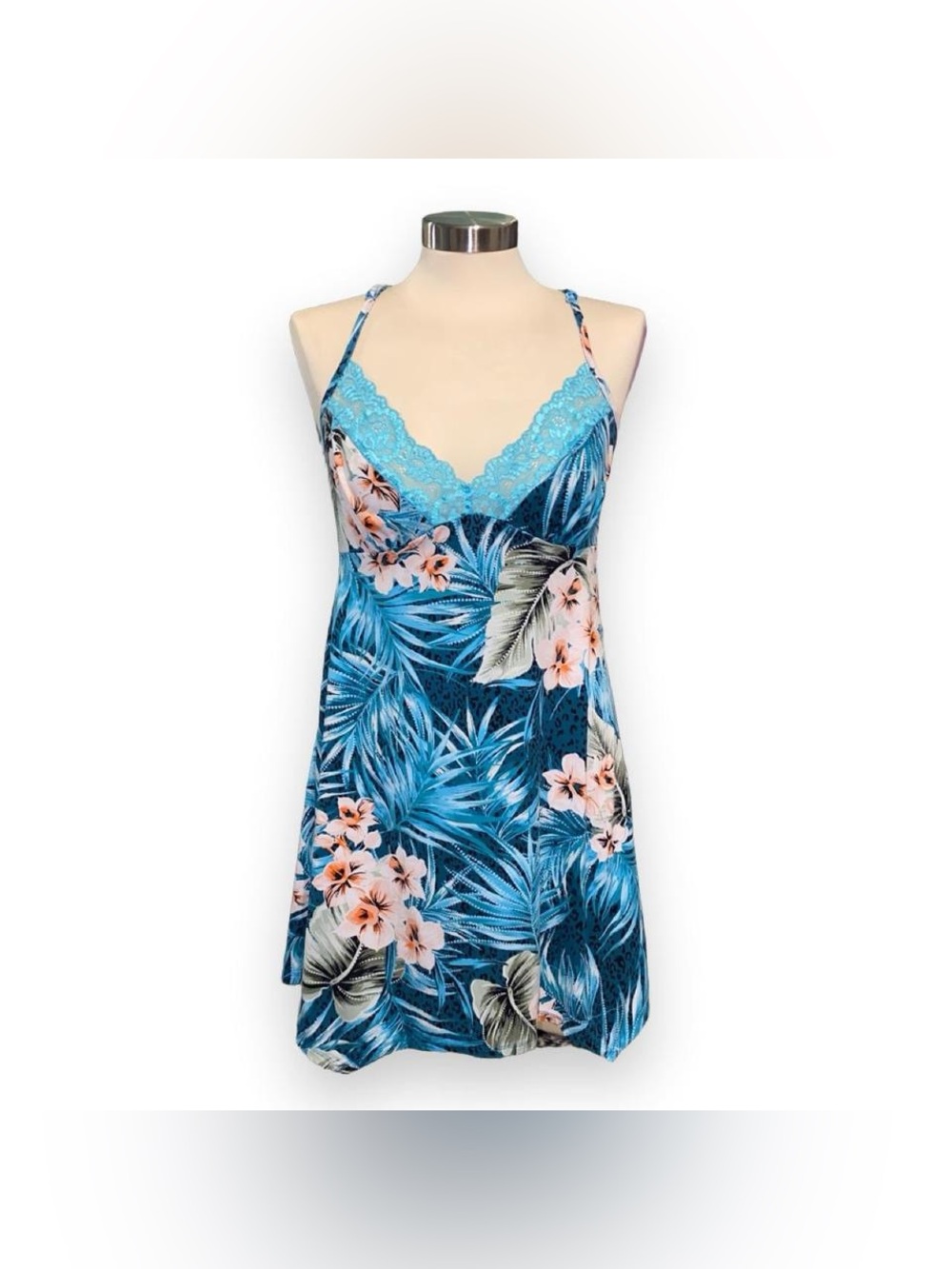Secret Treasures Blue Tropical Lace-Trim Nighty Dress
